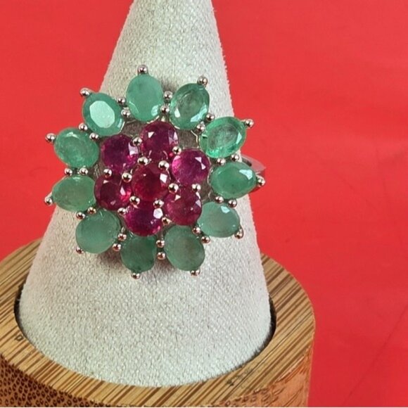 925 Sterling Silver Ring SZ 9 with Natural Ruby & Emerald Gemstone - Picture 9 of 15